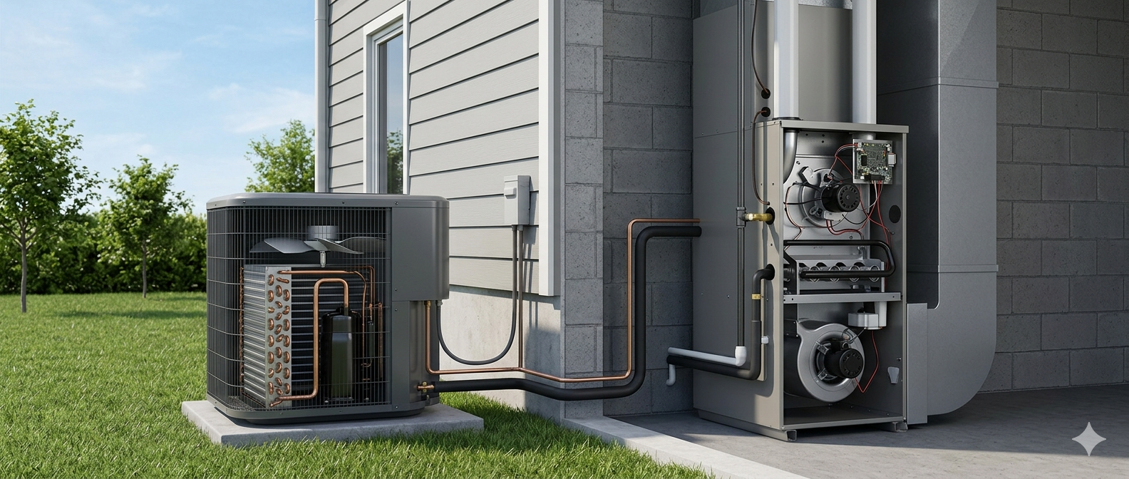 How central air conditioning works in Calgary — outdoor condenser unit connected to indoor air handler via copper line set and evaporator coil